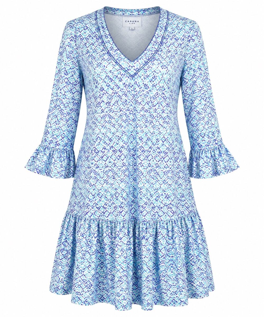 Cabana Life Dress Blue Aqua Geometric 3/4 Sleeve Ruffle Resort Large